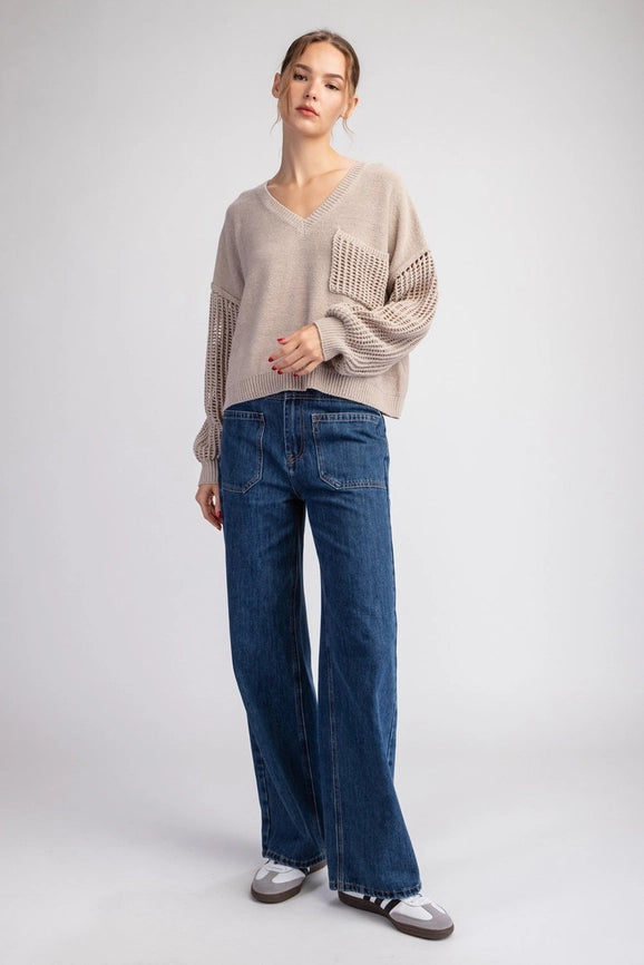 Open Knit Long Sleeve Sweater Top OATMEAL