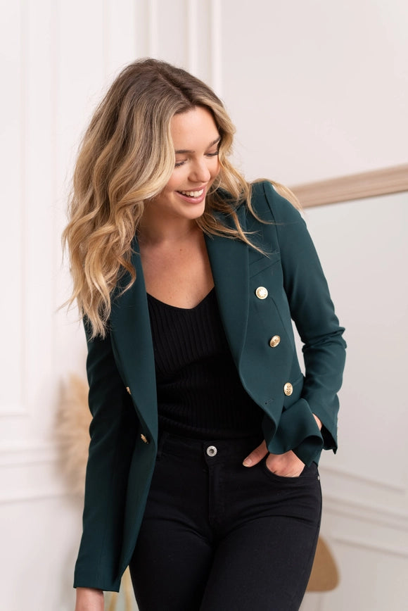 Timeless Fitted Blazer Jacket with Gold Double-Breasted Buttons Bottle Green-Jacket-Attentif Paris-Urbanheer