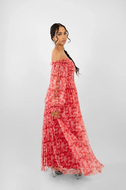 Lana Maxi Dress Red Floral-Lace & Beads-Urbanheer