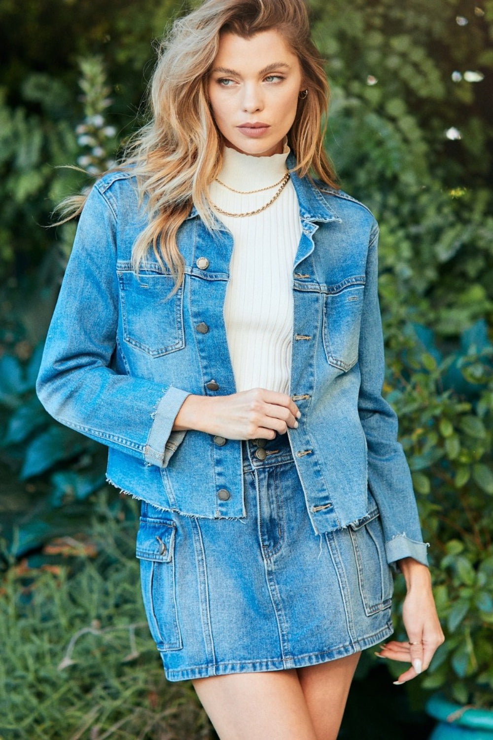 Veveret Button Up Raw Hem Denim Jacket-UHX-MEDDENIM-S-Urbanheer