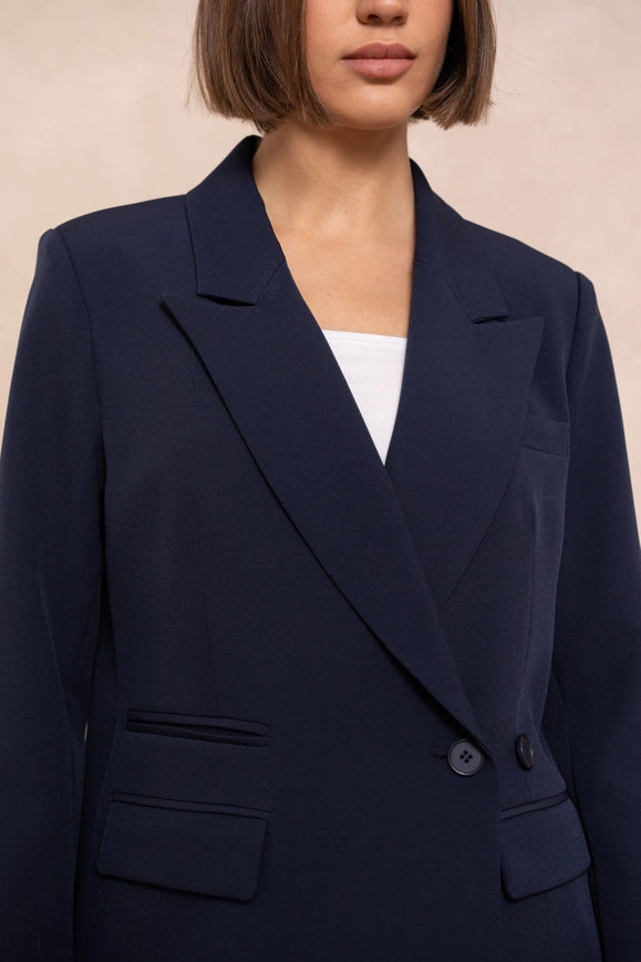 Signature Asymmetric Mid-Length Double-Breasted Plain Jacket Navy Blue-Jacket-Attentif Paris-Urbanheer