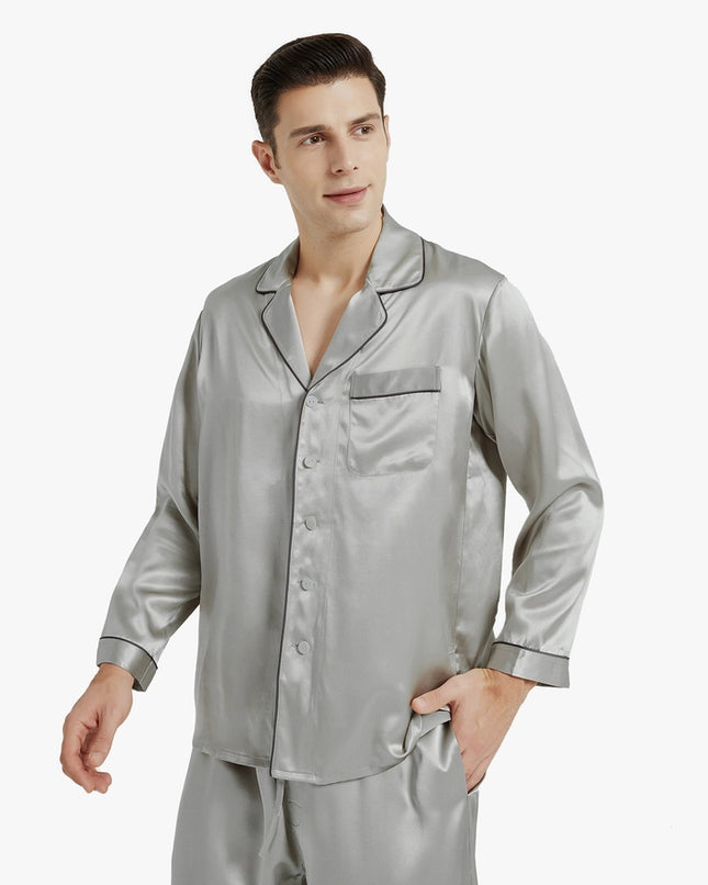 Piped Silk Pajamas - For Men Silver Gray-Pajamas-MommeSilk-Urbanheer