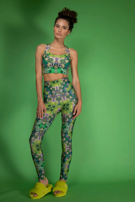 Stretchy Psychedelic Botanical Printed Green Garden Leggings-Nuvula-Urbanheer