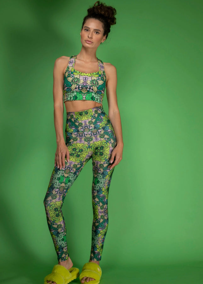 Stretchy Psychedelic Botanical Printed Green Garden Leggings-Nuvula-Urbanheer