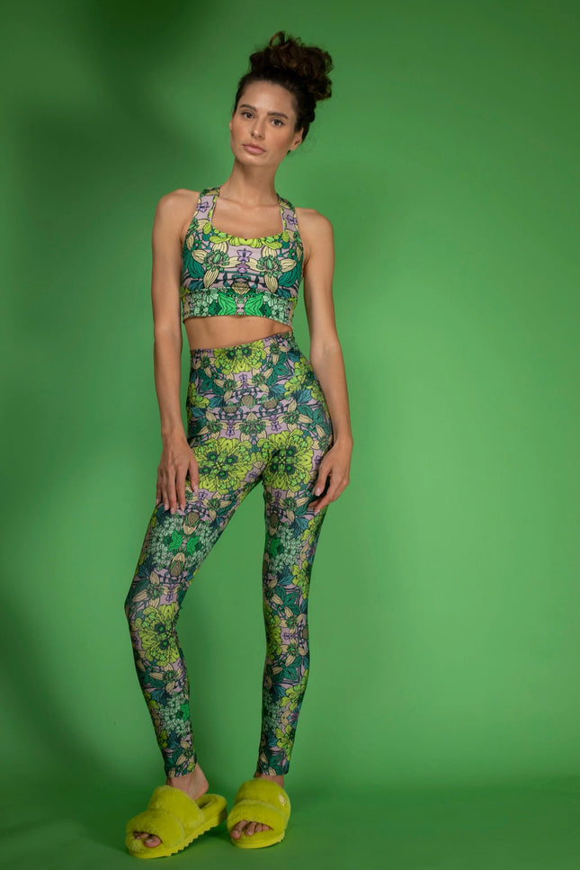 Stretchy Psychedelic Botanical Printed Green Garden Leggings-Nuvula-Urbanheer