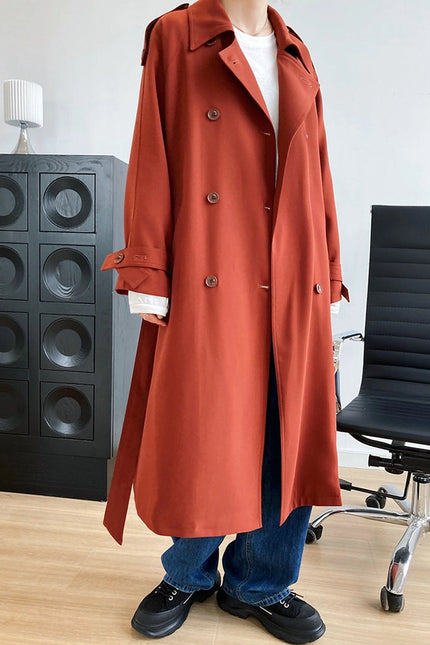 Draping British Loose Mid-Length Over The Knee Trench Coat Hawthorn Red-Coat-Blak Wardrob-Urbanheer