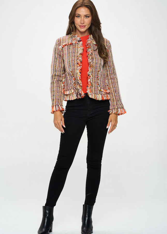 Multicolor Open Front Blazer Cardigan With Frayed Hem-Renee C.-Urbanheer