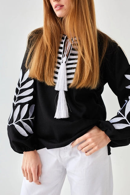 Embroidered Blouse Fern Black & White-Clothing - Women-Handmade Originals Ukraine-Urbanheer