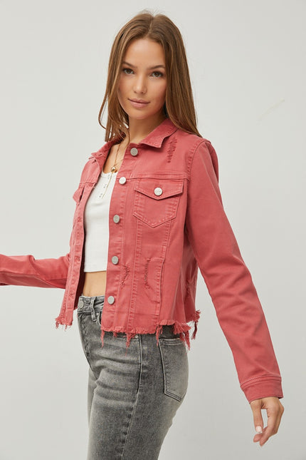 RISEN Raw Hem Button Up Cropped Denim Jacket-UHX-Urbanheer