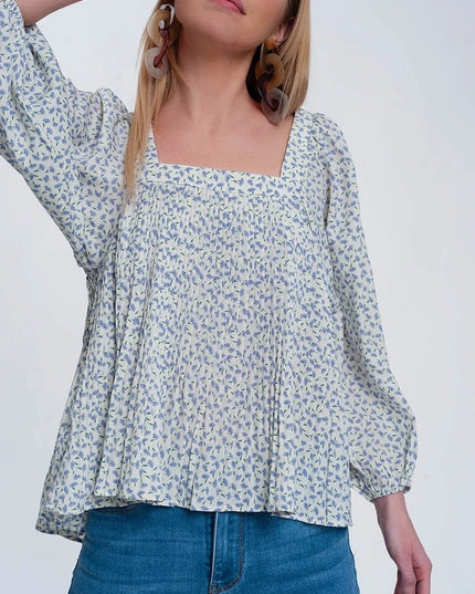 Puff Sleeve Top with Square Neck in Blue Floral Print-Top-Q2-S-Urbanheer