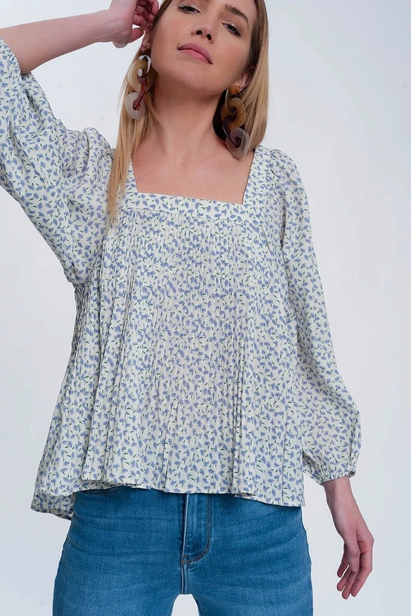 Puff Sleeve Top with Square Neck in Blue Floral Print-Top-Q2-S-Urbanheer