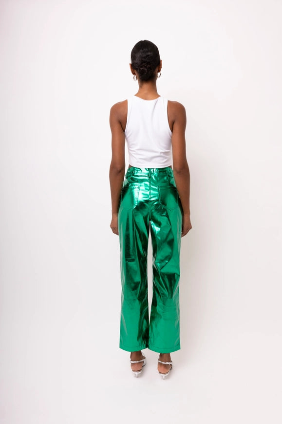 Lupe Straight Faux Leather Metallic Pants FOREST GREEN-Pants-Amy Lynn-Urbanheer