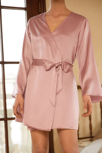 Loose Collarless Silk Rosy Pink-Robe-MommeSilk-XS-Urbanheer