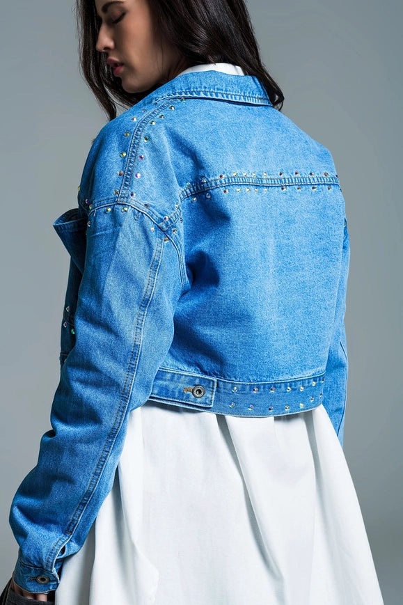 Denim Cropped Jacket in Blue with Studs and Chest Pockets-Shacket-Q2-Urbanheer