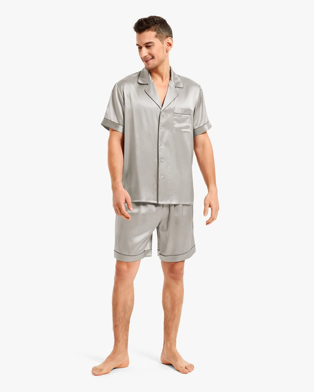 Piped Silk Short Pajamas Cilver Gray-Sets-MommeSilk-XS-Urbanheer