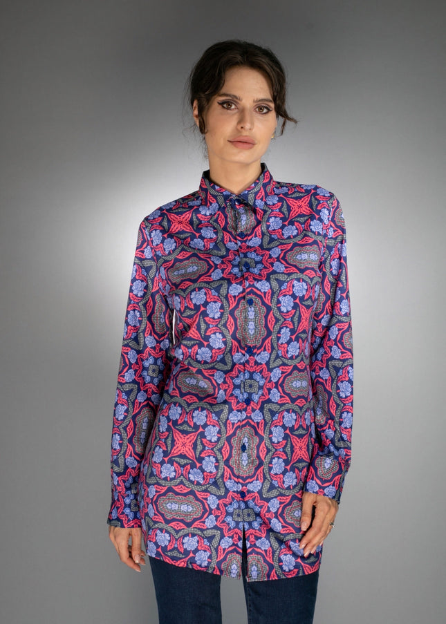 Geometric Long Shirt Electric Purple/Scarlet Red For Women-Nuvula-Urbanheer