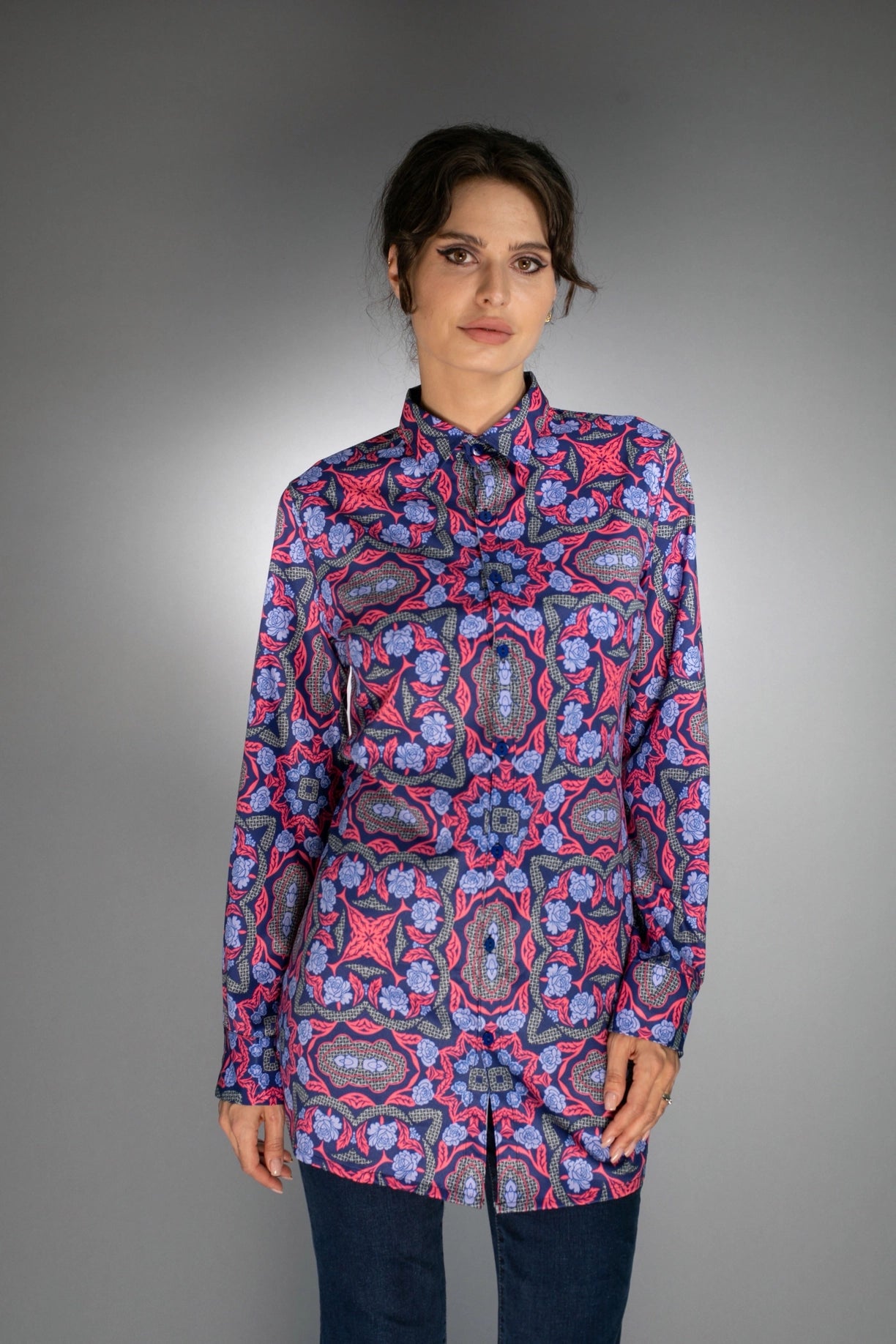 Geometric Long Shirt Electric Purple/Scarlet Red For Women-Nuvula-Urbanheer