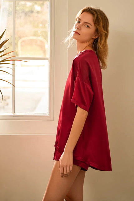 Lazy Silk Short Pajamas Claret-Pajamas-MommeSilk-Urbanheer