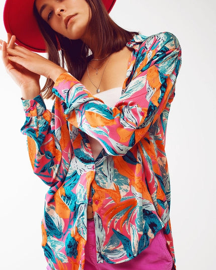 Satin Shirt in Floral Print in Orange-Top-Q2-Urbanheer