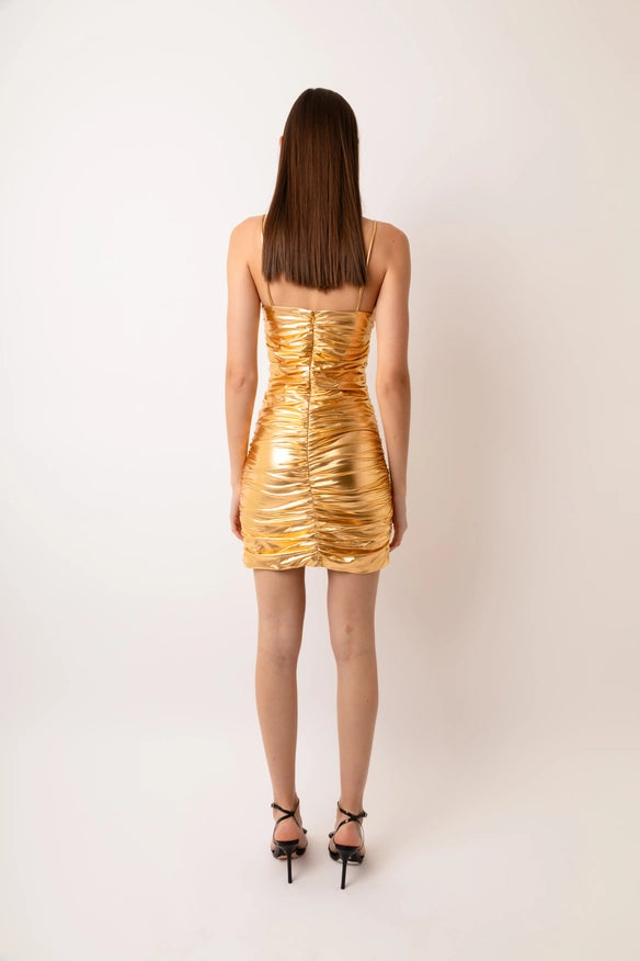 Yaya Ruched Gold Mini Dress-Dress-Amy Lynn-Urbanheer