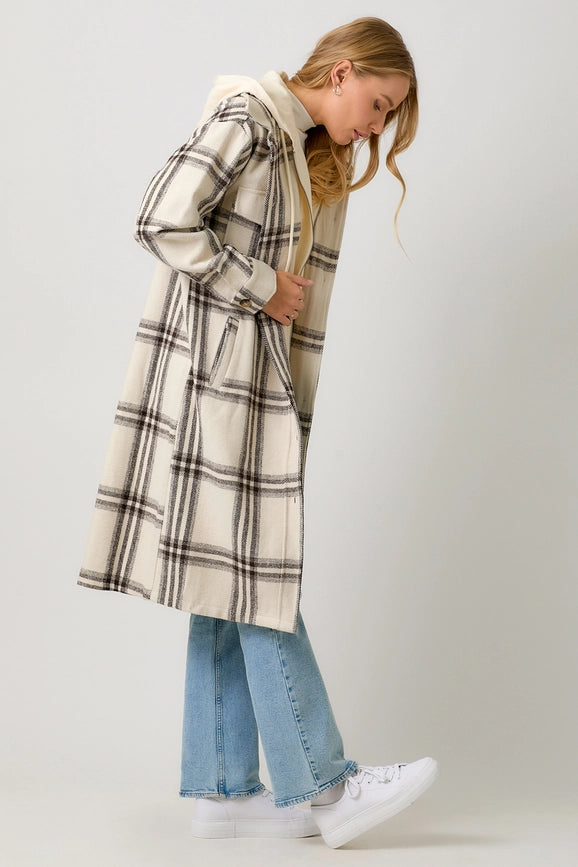 Twofer Hoodie Plaid Long Jacket Cream