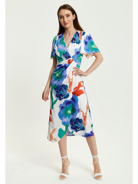 Liquorish Floral Print White Based Midi Wrap Dress-Clothing - Women-Liquorish-Urbanheer