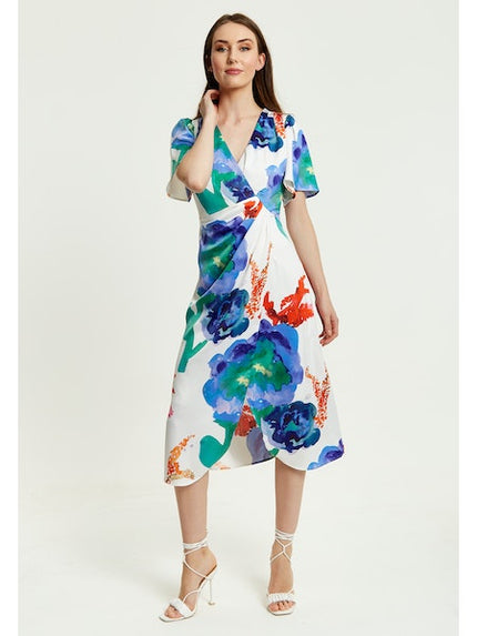 Liquorish Floral Print White Based Midi Wrap Dress-Clothing - Women-Liquorish-Urbanheer