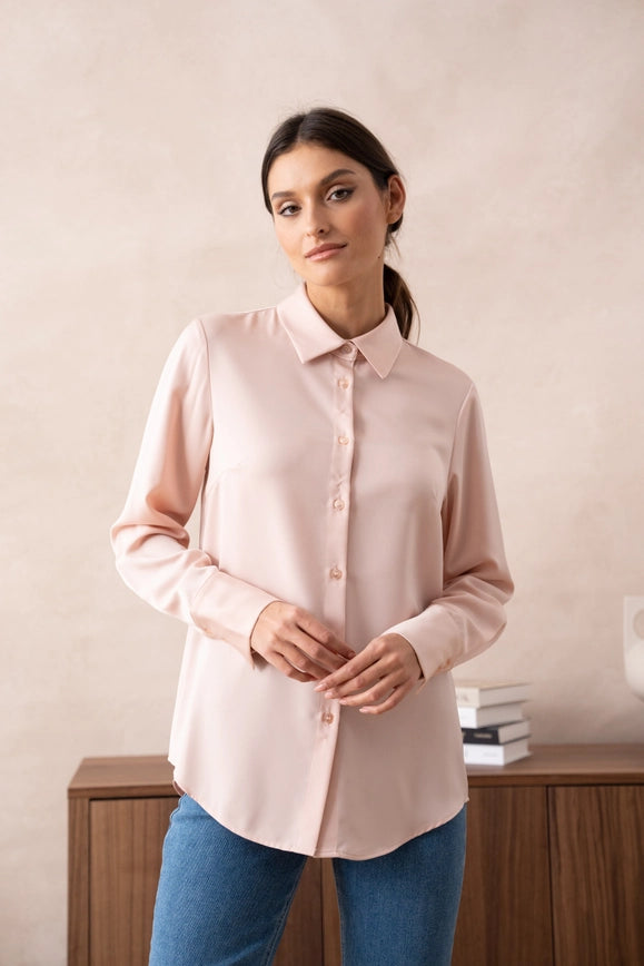 Plain Satin Shirt with Lapel Collar Pink-SHIRT-Attentif Paris-Urbanheer