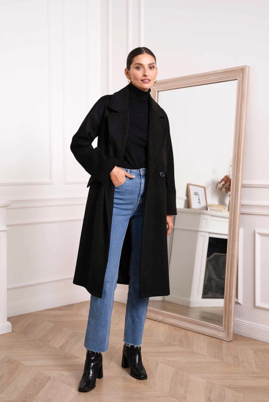 Oversized Plain Coat with Wool Black-COAT-Attentif Paris-Urbanheer