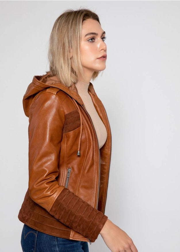 Arya Brown Suede Women Hooded Leather Jacket-Jacket-Fadcloset-Urbanheer