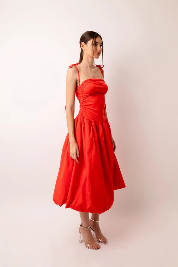 Alexa Stretch Strapless Puffball Midi Dress Orange-Dress-Amy Lynn-Urbanheer