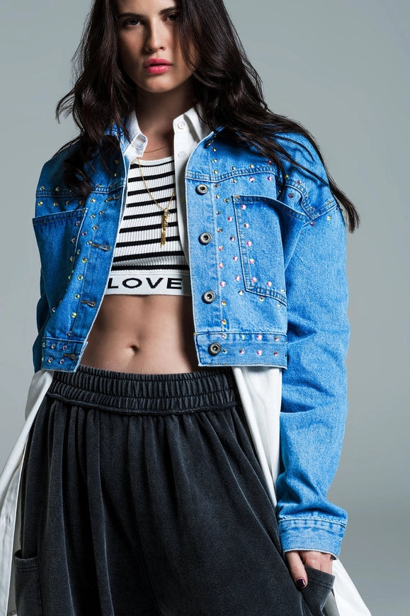 Denim Cropped Jacket in Blue with Studs and Chest Pockets-Shacket-Q2-Urbanheer