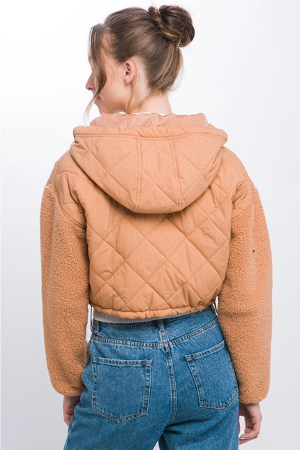 Diagonal Quilt Cropped Sherpa Arm Zip Up Jacket-Jacket-Pink Irene Wholesale-Urbanheer