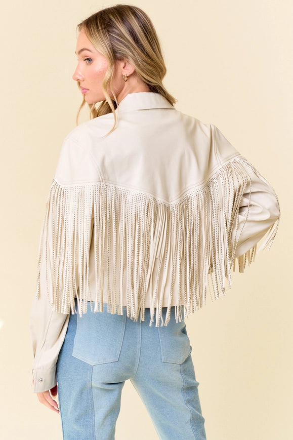 Cream Pu Silver Studded Fringe Button Down Jacket-Jacket-Saints & Hearts-Urbanheer