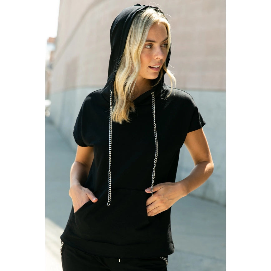 Hoodie Short Sleeve Top with Chains Black-Hoodie-Vocal-S-Urbanheer