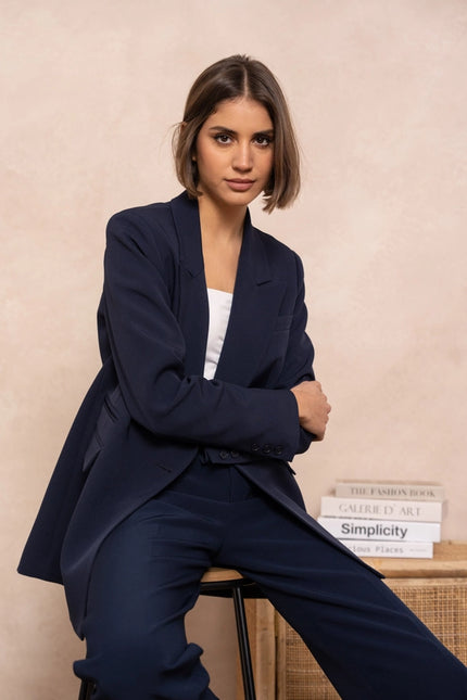 Signature Asymmetric Mid-Length Double-Breasted Plain Jacket Navy Blue-Jacket-Attentif Paris-S-Urbanheer