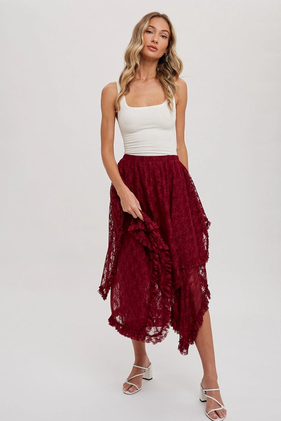 Lace Tier Midi Skirt BURGUNDY