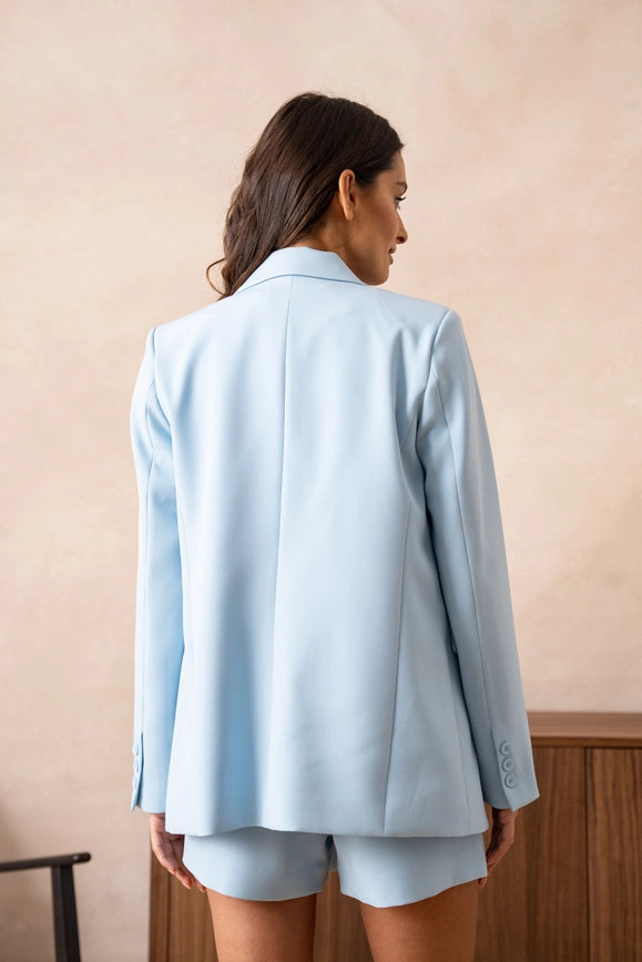 Signature Asymmetric Mid-Length Double-Breasted Plain Jacket Sky Blue-Jacket-Attentif Paris-Urbanheer