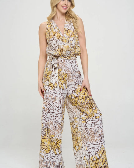 Made in USA Print V Neck Sleeveless Jumpsuit with Tie Multi-Colored-Jumpsuit-Renee C.-Urbanheer