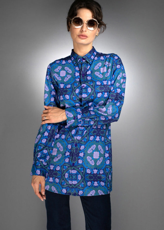 Floral Geometric Shape Long Shirt Roses Cobalt Blue / Lilac-Nuvula-Urbanheer