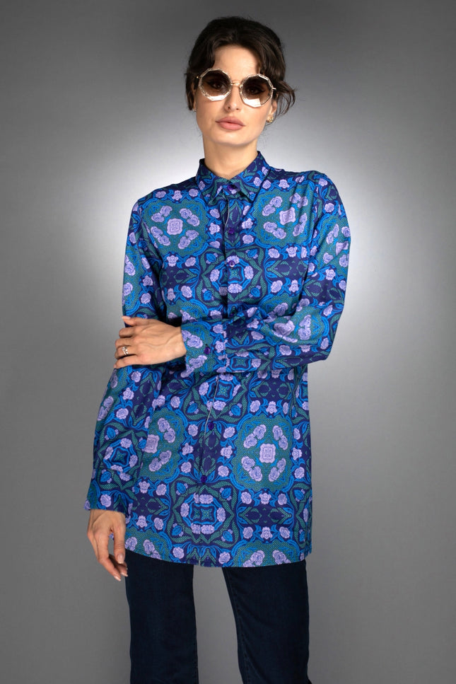 Floral Geometric Shape Long Shirt Roses Cobalt Blue / Lilac-Nuvula-Urbanheer