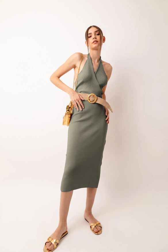 Marrakech Knit Fitted Halter Neck Midi Dress Green-Dress-Amy Lynn-Urbanheer