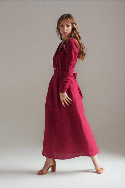 Burgundy Red Linen Dress Maxi With Front Buttons And Collar-Dress-Nich Linen-Urbanheer