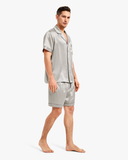 Piped Silk Short Pajamas Cilver Gray-Sets-MommeSilk-Urbanheer