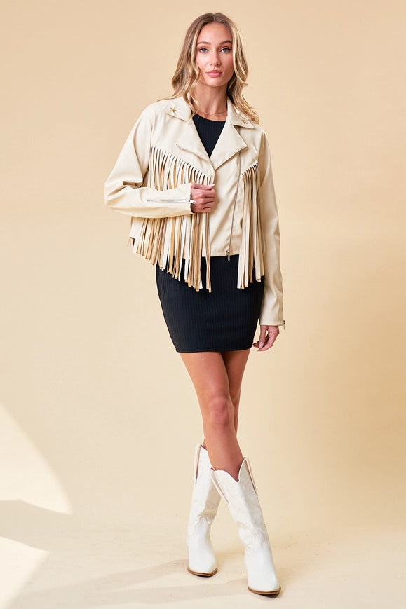 Cream Faux Leather Fringe Jacket with Gold Stars-Jacket-Saints & Hearts-Urbanheer