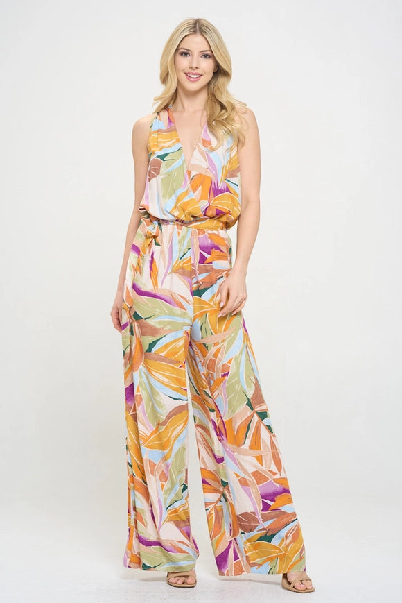 Made in USA Print V Neck Sleeveless Jumpsuit with Tie Coral-Jumpsuit-Renee C.-Urbanheer