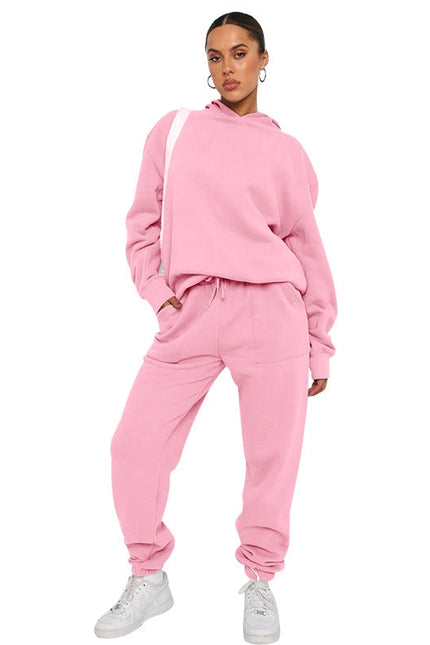 Solid Color Hooded Long Sleeve Sweater and Casual Trousers Suit-Suits-Blak Wardrob-S-Pink-Urbanheer