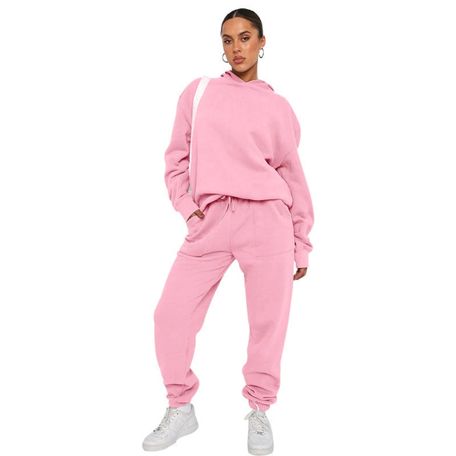 Solid Color Hooded Long Sleeve Sweater and Casual Trousers Suit-Suits-Blak Wardrob-S-Pink-Urbanheer