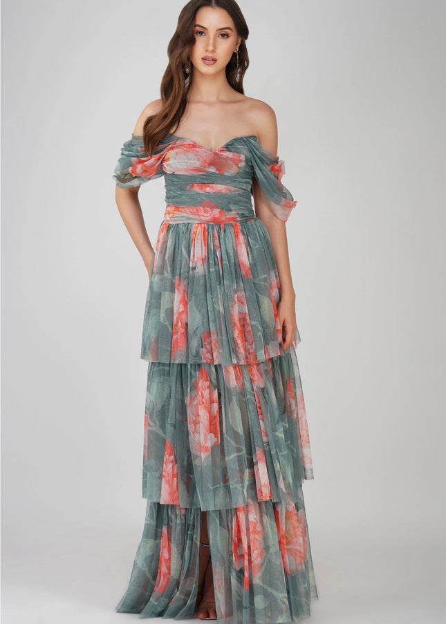 Sydney Tulle Maxi Dress in Sage Green Floral