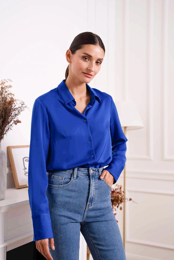 Plain Satin Shirt with Lapel Collar Royal Blue-SHIRT-Attentif Paris-Urbanheer